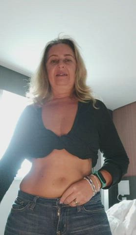 yellow-haired Exhibitionist GILF Jeans MILF old Mom Strip Striptease Porn GIF