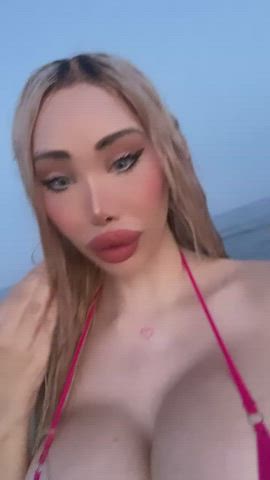 Beach gigantic melons Bikini blondy Body Fake titties huge boobs MILF Micro Bikini Porn GIF