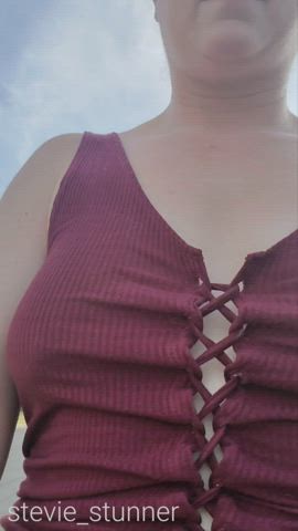 Bouncing melons Braless Jiggling Outdoor Public Porn GIF