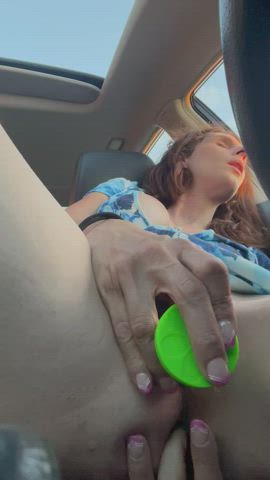 Car Dildo Dress Fingering Masturbating Public pussy Porn GIF