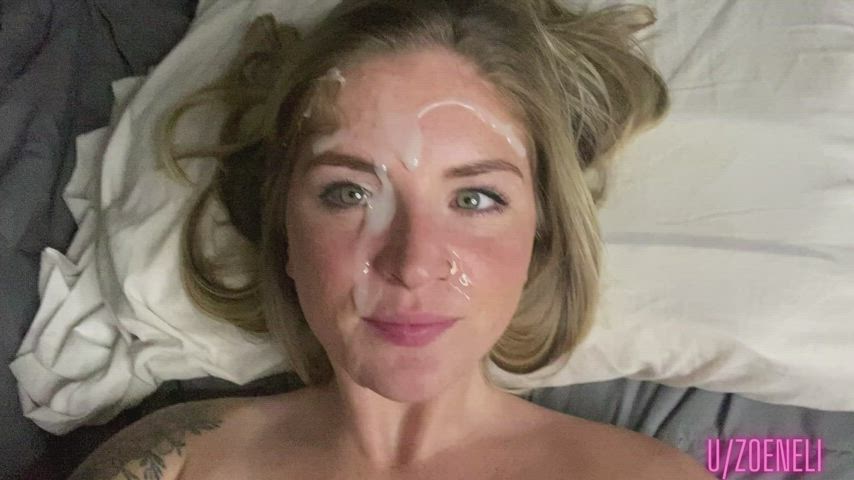 blonde jizz Cumshot Facial Green Eyes Porn GIF