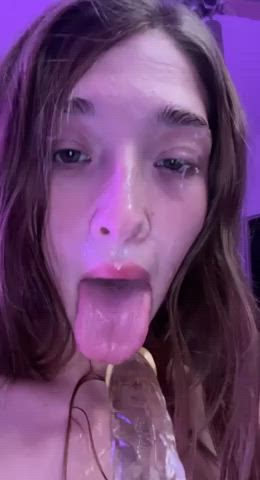18 Years cougar Brunette pretty Dildo Drooling Pink Spit Wet twat Wet and Messy Porn GIF