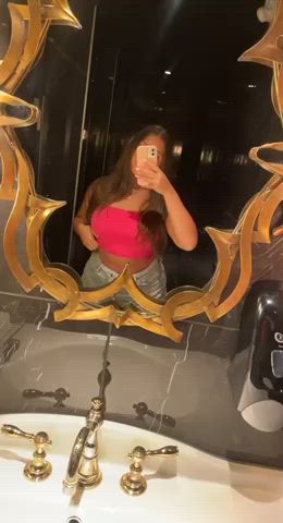 19 Years cougar tits Brunette charming Mirror Pink Public teenie tits Porn GIF